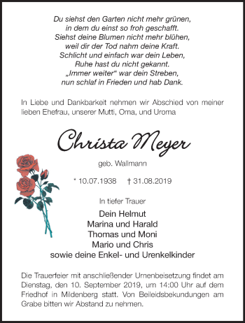 Traueranzeige von Christa Meyer von Märkische Oderzeitung