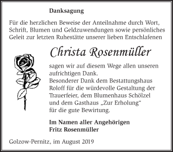 Traueranzeige von Christa Rosenmüller von Märkische Oderzeitung