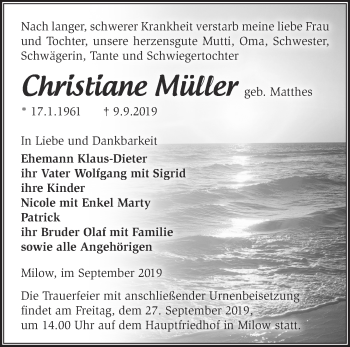 Traueranzeige von Christiane Müller von Märkische Oderzeitung