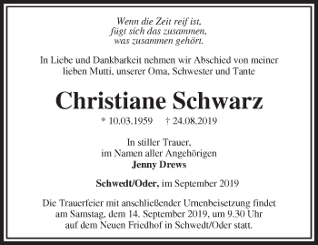 Traueranzeige von Christiane Schwarz von Märkische Oderzeitung