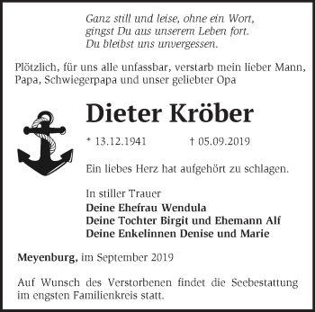 Traueranzeige von Dieter Kröber von Märkische Oderzeitung