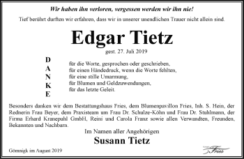 Traueranzeige von Edgar Tietz von Märkische Oderzeitung