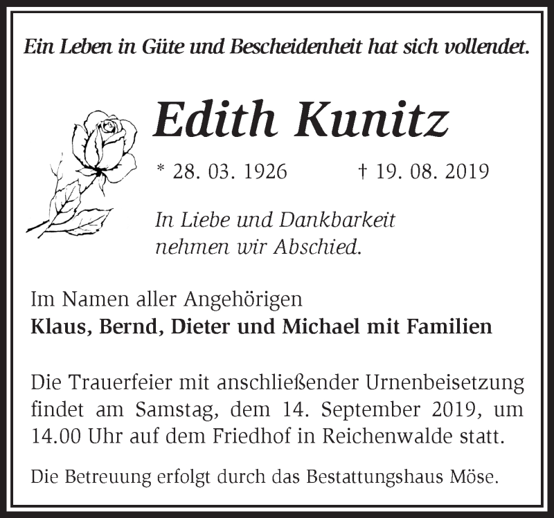  Traueranzeige für Edith Kunitz vom 07.09.2019 aus Märkische Oderzeitung