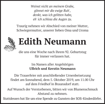 Traueranzeige von Edith Neumann von Märkische Oderzeitung