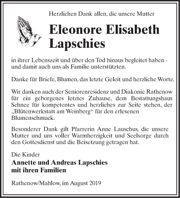 Traueranzeige von Eleonore Elisabeth Lapschies von Märkische Oderzeitung