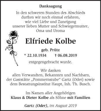 Traueranzeige von Elfriede Kolbe von Märkische Oderzeitung