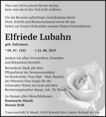 Traueranzeige von Elfriede Lubahn von Märkische Oderzeitung