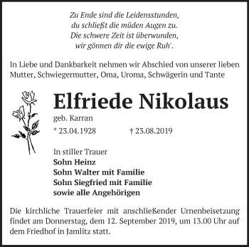 Traueranzeige von Elfriede Nikolaus von Märkische Oderzeitung