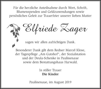 Traueranzeige von Elfriede Zager von Märkische Oderzeitung