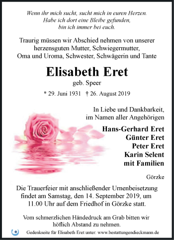 Traueranzeige von Elisabeth Eret von Märkische Oderzeitung