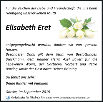 Traueranzeige von Elisabeth Eret von Märkische Oderzeitung