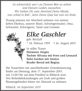 Traueranzeige von Elke Gaschler von Märkische Oderzeitung