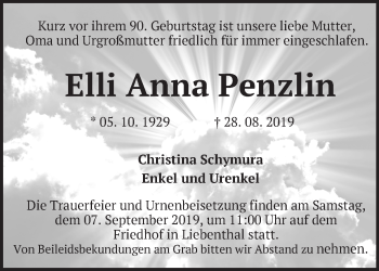 Traueranzeige von Elli Penzlin von Märkische Oderzeitung