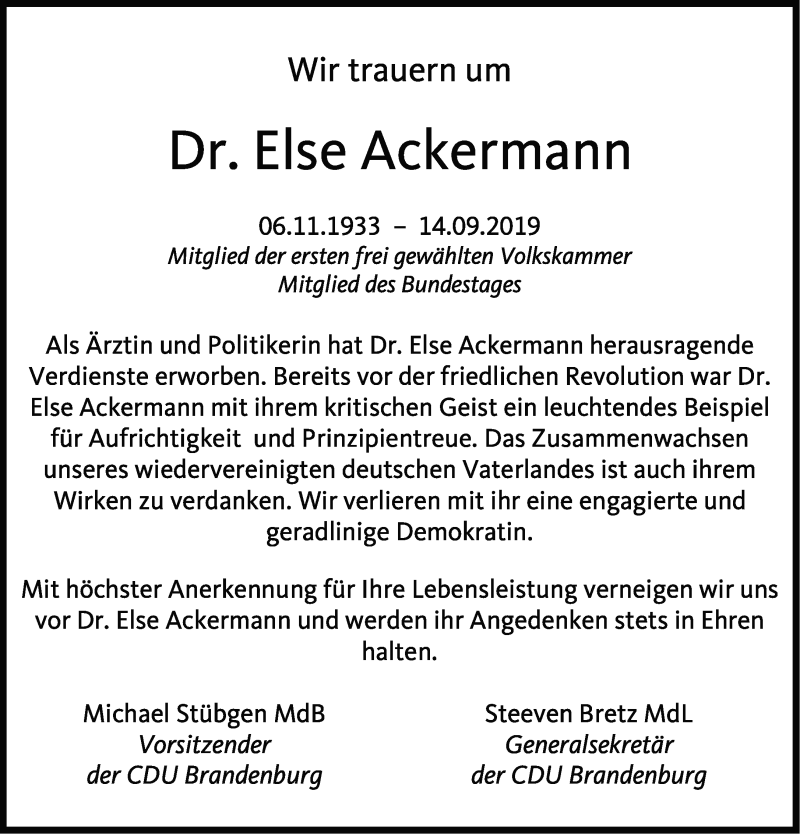  Traueranzeige für Else Ackermann vom 21.09.2019 aus Märkische Oderzeitung