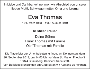 Traueranzeige von Eva Thomas von Märkische Oderzeitung