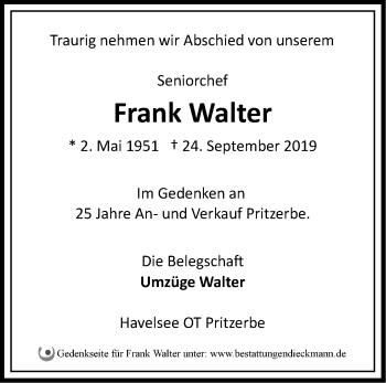 Traueranzeige von Frank Walter von Märkische Oderzeitung