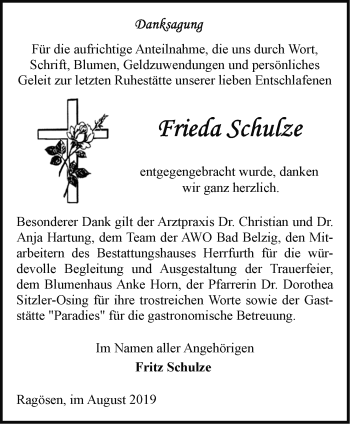 Traueranzeige von Frieda Schulze von Märkische Oderzeitung