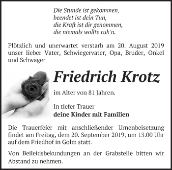 Traueranzeige von Friedrich Krotz von Märkische Oderzeitung