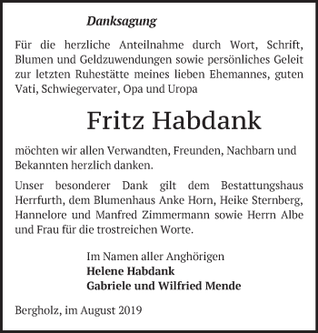 Traueranzeige von Fritz Habdank von Märkische Oderzeitung