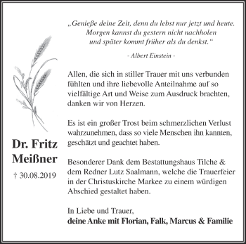 Traueranzeige von Fritz Meißner von Märkische Oderzeitung