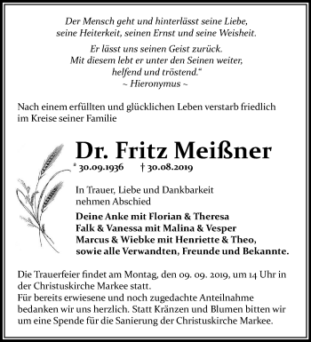 Traueranzeige von Fritz Meißner von Märkische Oderzeitung