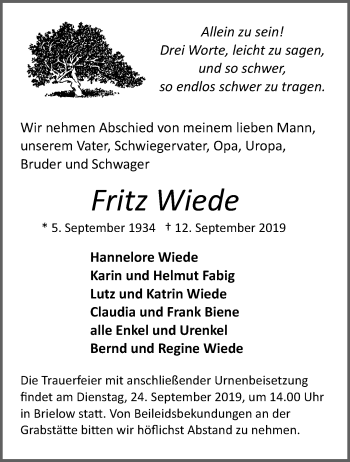 Traueranzeige von Fritz Wiede von Märkische Oderzeitung