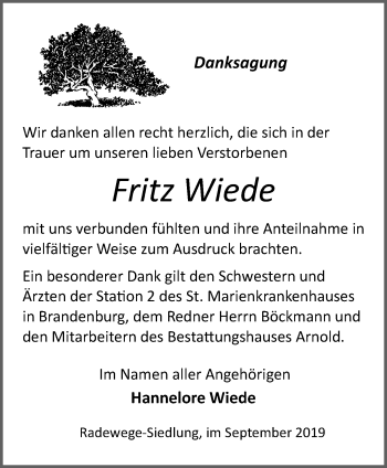 Traueranzeige von Fritz Wiede von Märkische Oderzeitung