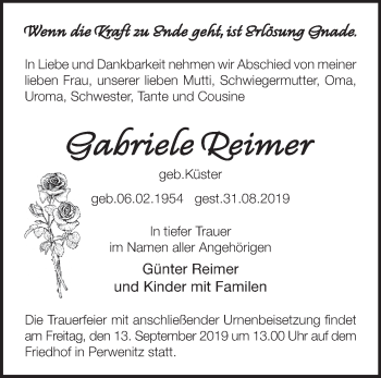 Traueranzeige von Gabriele Reimer von Märkische Oderzeitung