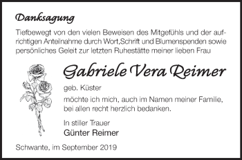 Traueranzeige von Gabriele Vera Reimer von Märkische Oderzeitung