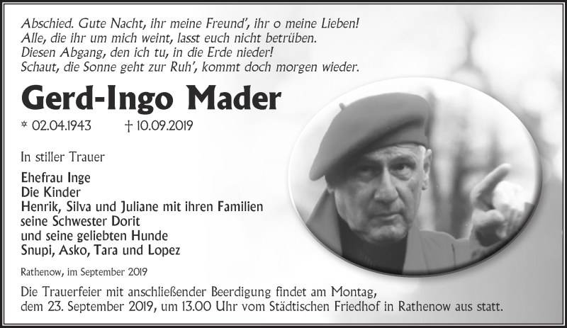  Traueranzeige für Gerd-Ingo Mader vom 18.09.2019 aus Märkische Oderzeitung