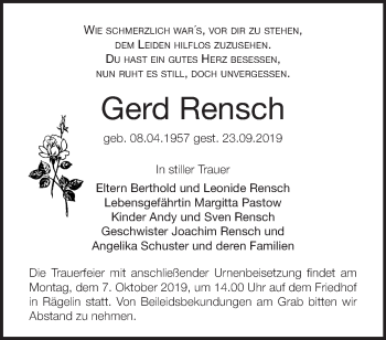 Traueranzeige von Gerd Rensch von Märkische Oderzeitung