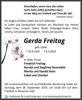 Traueranzeige von Gerda Freitag von Märkische Oderzeitung