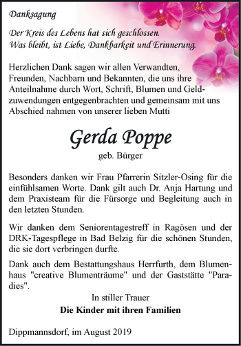 Traueranzeige von Gerda Poppe von Märkische Oderzeitung