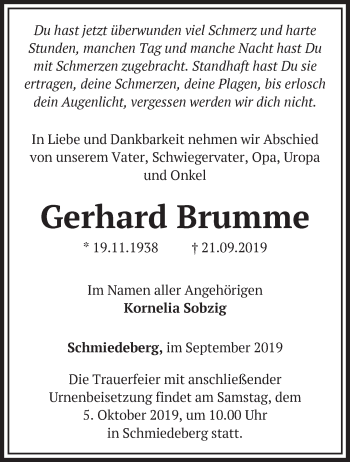 Traueranzeige von Gerhard Brumme von Märkische Oderzeitung