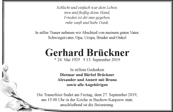 Traueranzeige von Gerhard Brückner von Märkische Oderzeitung