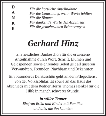 Traueranzeige von Gerhard Hinz von Märkische Oderzeitung