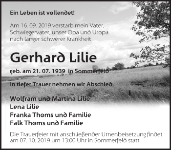 Traueranzeige von Gerhard Lilie von Märkische Oderzeitung