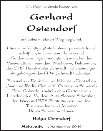 Traueranzeige von Gerhard Ostendorf von Märkische Oderzeitung