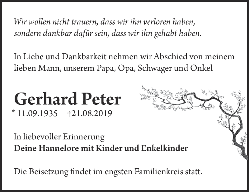  Traueranzeige für Gerhard Peter vom 08.09.2019 aus Märkische Oderzeitung