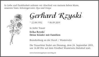 Traueranzeige von Gerhard Rzyski von Märkische Oderzeitung