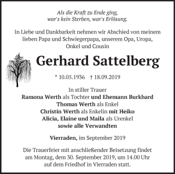 Traueranzeige von Gerhard Sattelberg von Märkische Oderzeitung