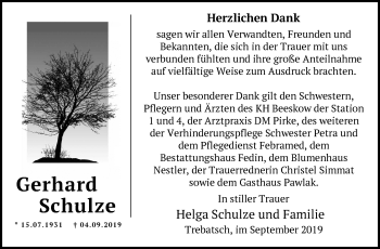 Traueranzeige von Gerhard Schulze von Märkische Oderzeitung