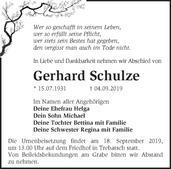 Traueranzeige von Gerhard Schulze von Märkische Oderzeitung