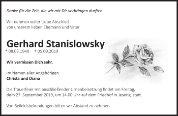 Traueranzeige von Gerhard Stanislowsky von Märkische Oderzeitung