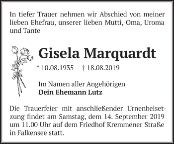 Traueranzeige von Giesela Marquardt von Märkische Oderzeitung