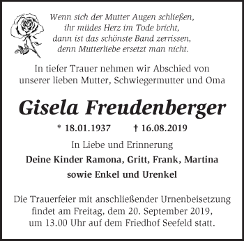 Traueranzeige von Gisela Freudenberger von Märkische Oderzeitung