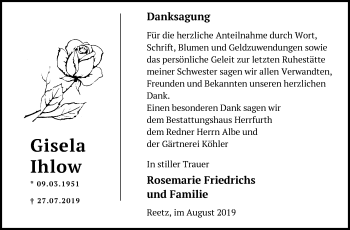 Traueranzeige von Gisela Ihlow von Märkische Oderzeitung