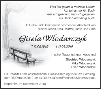 Traueranzeige von Gisela Wlodarczyk von Märkische Oderzeitung