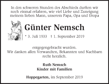 Traueranzeige von Günter Nemsch von Märkische Oderzeitung