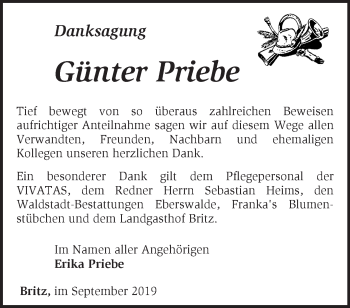 Traueranzeige von Günter Priebe von Märkische Oderzeitung